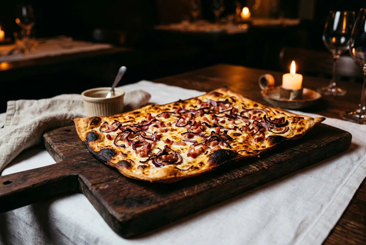 Une tarte flambée sur une planche en bois